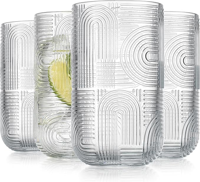 Glaver's Drinking Glasses, Highball Glasses, 17 Ounce Thick Embossed Designed, Set of 4 Clear Kitchen Glassware For Everyday Elegant Serving Coolers, Urban Pattern Modern Drinking Glasses