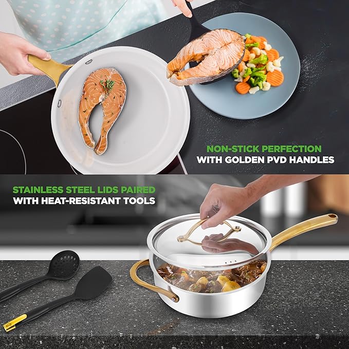 NutriChef 16 Piece Stainless Steel Cookware Set, Induction Cookware with Golden Handles - Non Stick Pots and Pans Set with lids and Utensils - PFOA/PFOS Free, Oven Safe, & Easy to Clean