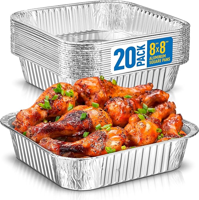 8x8 Disposable Aluminum Pans - 20 Pack Foil Pans For Cooking, Baking Cakes, Roasting & Homemade Breads - Disposable Food Containers