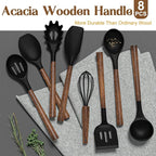 Silicone Cooking Utensil Set, Umite Chef 8-Piece Kitchen Utensils Set with Natural Acacia Wooden Handles,Food-Grade-Silicone Kitchen Gadgets Spatulas Set for Nonstick Cookware- Black