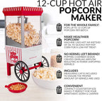 Nostalgia OFP521 Vintage Healthy Hot-Air Tabletop Popcorn Maker, Makes 12 Cups, With Kernel Measuring Scoop, Oil Free, Perfect for Birthday Parties, Movie Nights – Candy Stripe Red/White
