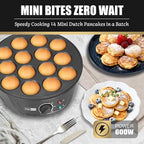 FineMade Non Stick Mini Pancakes Maker Machine, Electric Poffertjes Pan with Browning Control, Small Ebelskiver Aebleskiver Pan, Dutch Mini Pancake Maker, with Brush & Forks, 14 Slots, Black