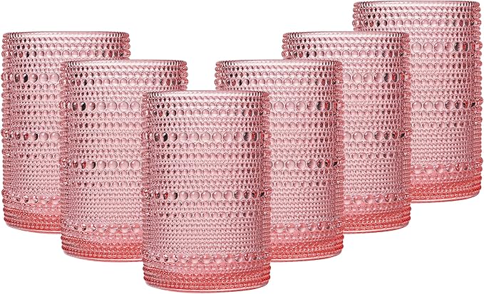 JOVGANK Pink Vintage Hobnail Drinking Glasses Set of 6, Water Tumbler 15oz, Kitchen & Bar Beaded Highball Glasses, Beverage Glass Cups for Water, Beer, Juice, Housewarming and Mother's Day Gift