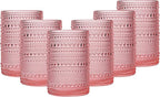 JOVGANK Pink Vintage Hobnail Drinking Glasses Set of 6, Water Tumbler 15oz, Kitchen & Bar Beaded Highball Glasses, Beverage Glass Cups for Water, Beer, Juice, Housewarming and Mother's Day Gift