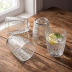 Vintage Drinking Glasses Set of 4, 10 oz Hand-Pressed Clear Glass Cups, Fern Embossed Retro Glassware, Textured Tumblers for Water, Cocktails & Juice, Decorative Kitchen Drinkware, Unique Boho Gift