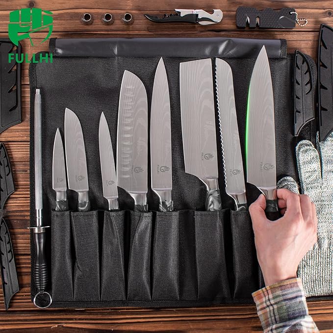 FULLHI 15pcs Japanese Knife Set with Magnetic Knife Block Holder, Japan Stainless Steel Blades, Black Resin Ergonomic Handles for Professional and Home Cooking