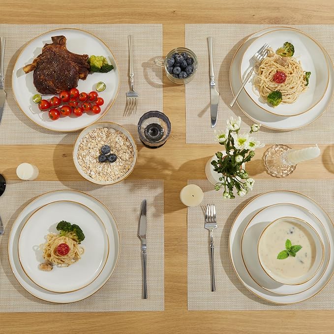 Pokini 32 Piece White Dinnerware Set with Pasta Bowls, Reactive Glaze Stoneware for 8 | Perfect for Multi‑Course Dinners, Hosting Large Groups, Holiday Serving Needs
