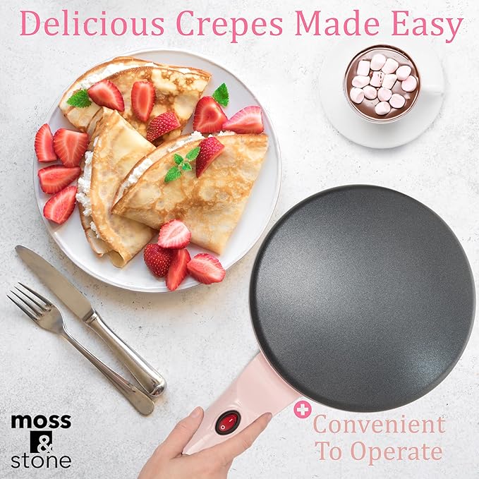 Moss & Stone Pink Electric Crepe Maker 8 Inch, Portable Crepe Maker & Hot Plate Cooktop On/Off Switch, Nonstick Coating, Automatic Temperature Control, Easy To Use For Pancakes, Blintz