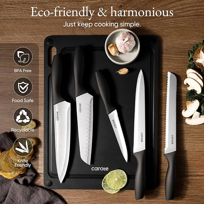 CAROTE Knife Set, 11 Pcs Kitchen Knives with 5 Blade Guards & Non-Slip Cutting Board, Rustproof Stainless Steel 5 Kitchen Knife Set, Plain Black