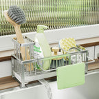 SWTYMIKI Sponge Holder for Kitchen Sink - Sink Caddy with Brush Holder Self-draining Sponge Caddy Organizer with Divider Stainless Steel Kitchen Accessories Storage for Countertop, Silver