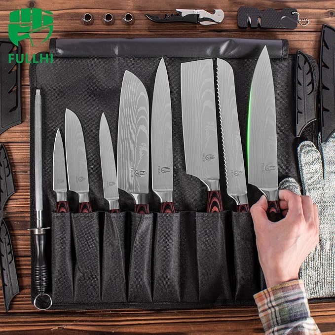 FULLHI 15pcs Japanese Knife Set with Magnetic Knife Block Holder, Japan Stainless Steel Blades, Ergonomic Handles for Professional and Home Cooking（Coffee wood, Magnetic Block Knife Set)