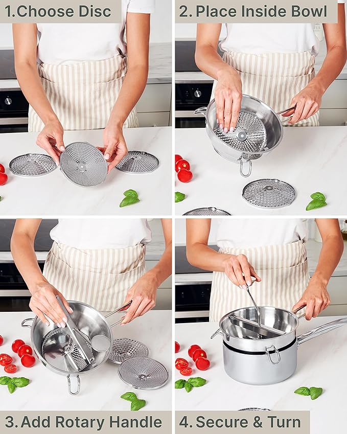 Stainless Steel Food Mill with 3 Discs – Ergonomic Rotary Hand Crank for Tomato Sauce, Applesauce, Baby Food, Mashed Potatoes, Puree & Canning