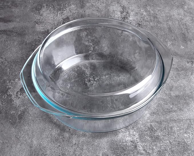 Round Tempered Glass Casserole Dish with Lid, Glass Casserole Baking Dish. Oven Freezer and Dishwasher Safe. - 4QT