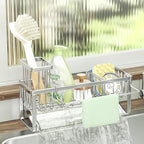 SWTYMIKI Sponge Holder for Kitchen Sink - Sink Caddy with Brush Holder and Stainless Steel Self Drain Tray, Sponge Caddy Organizer with Divider Kitchen Accessories Storage for Countertop, Silver