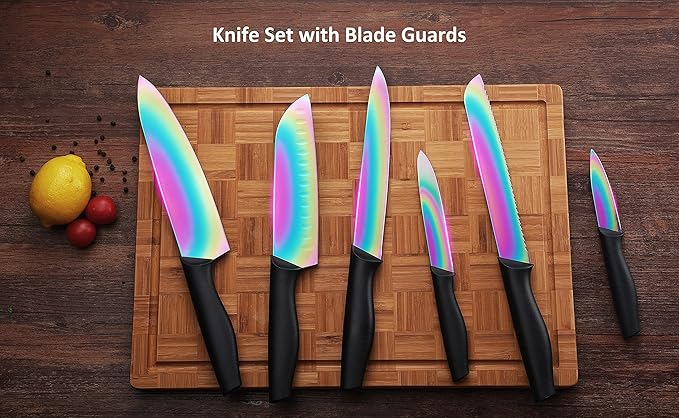 Marco Almond Kitchen Knife Set, KYA36 12-Piece Rainbow Color Stainless Steel Chef Boxed Knives Set for Kitchen with Covers, 6 Knives with 6 Blade Guards, Black