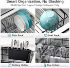 Dish Drying Rack Over the Sink In Stainless Steel Black Expandable Drainer for Small Kitchen, Counter Space Saving Compact Inside Sink Plate Dryer, Adjustable Hanging Metal Wire Strainer Drain Holder