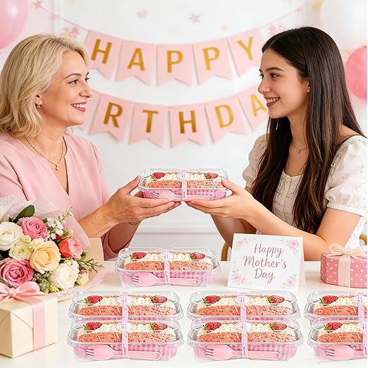 NPLUX 50 PACK Mini Cake Pans with Lids and Spoons,Rectangular Aluminum Foil Bread Pan,Mini Loaf Pans and Food Containers with Lids(Pink,6.8oz)