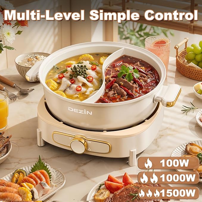 Dezin Hot Pot Electric with Divider, 6L Double-Flavor Shabu Shabu Pot, Dual Sided Removable Non-Stick Hotpot Pot Electric, 3" Depth Chinese Hot Pot with Multi-Power Control, 2 Silicone Ladles Included
