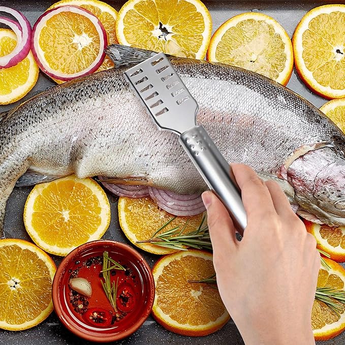 4 Piece Fish Scaler Remover Brush Set - Stainless Steel Sawtooth Scarper With Ergonomic Handle for Kitchen - Faster and Easier Scales Skin Removing Peeling Tool