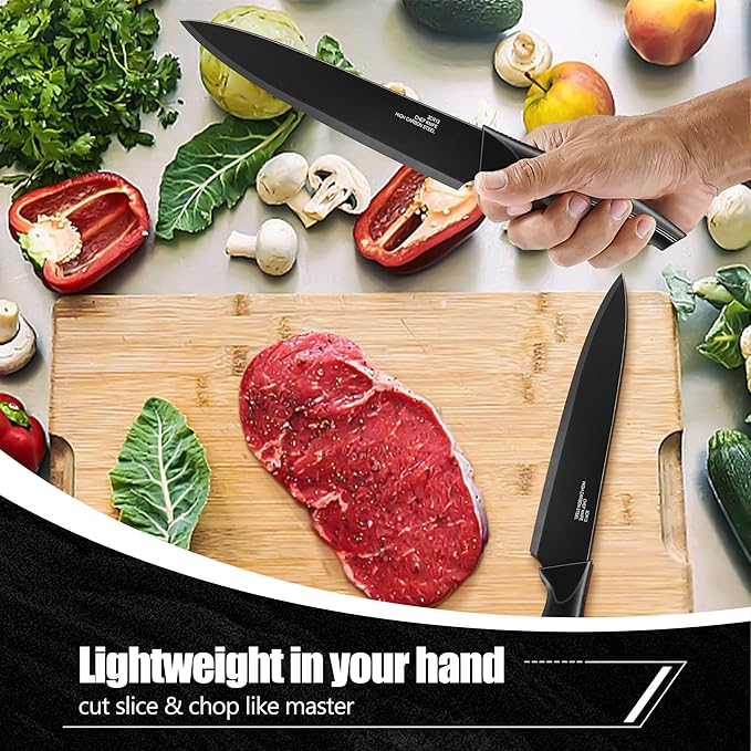 HaWare Knife Set, 21 Pieces Stainless Steel Kitchen Knife Block Set, Black Chef Knife Sets with 6 Steak Kinves, Measuring Spoon & Slicer for Home, Sharp Blade & Light Weight Cutlery, Ergonomic Handle