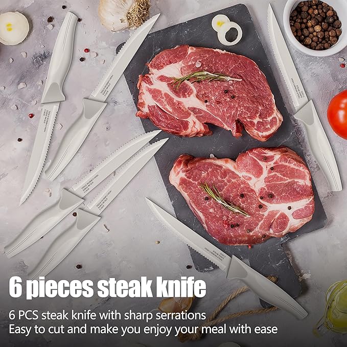 HaWare Knife Set, 21 Pieces Stainless Steel Kitchen Knife Block Set, Khaki Chef Knife Sets with Measuring Spoon & Slicer for Home, 6 Steak Kinves, Sharp Blade & Light Weight Cutlery, Ergonomic Handle