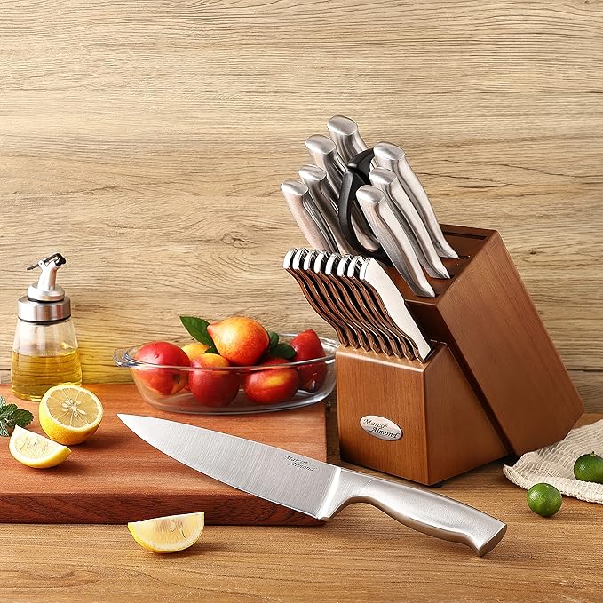 Marco Almond MA22 Knife Sets, 19 Pieces Stainless Steel Hollow Handle Kitchen Knives Block Set