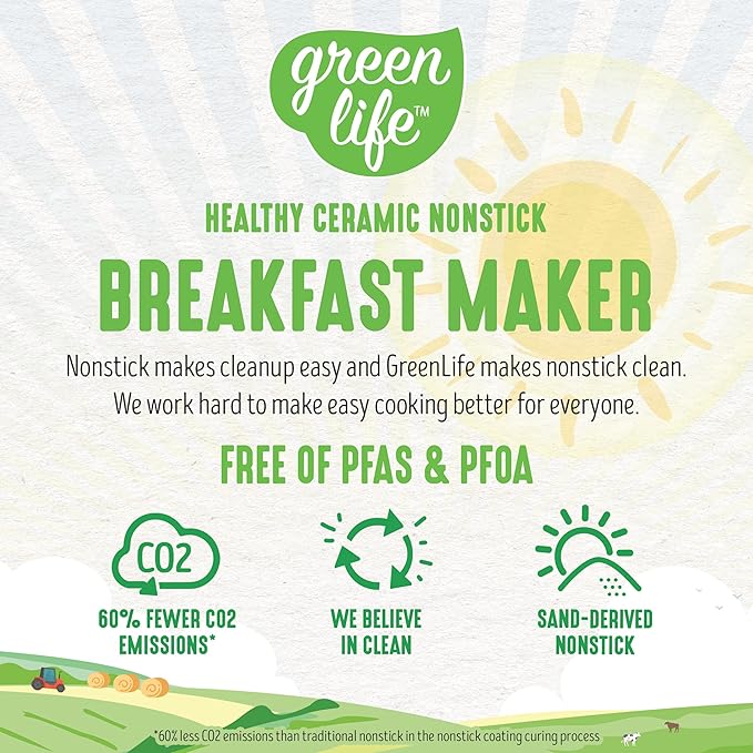 GreenLife 3-in-1 Breakfast Maker Station, Healthy Ceramic Nonstick Dual Griddles for Eggs Meat Sausage Bacon Pancakes and Breakfast Sandwiches, 2 Slice Toast Drawer, Easy-to-use Timer, Pink