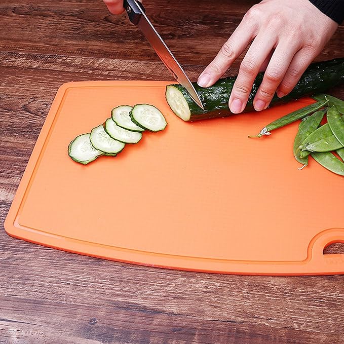 Liflicon Silicone Thick Cutting Boards Mats Set of 3pcs Foldable & Flexible Design Juice Grooves Easy Grip Handle Dishwasher Safe for Kitchen,BPA free Chif-Orange