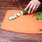 Liflicon Thick Silicone Cutting Board 12.6'' x 9.1'' Juice Grooves Easy Grip Handle Dishwasher Safe-Orange