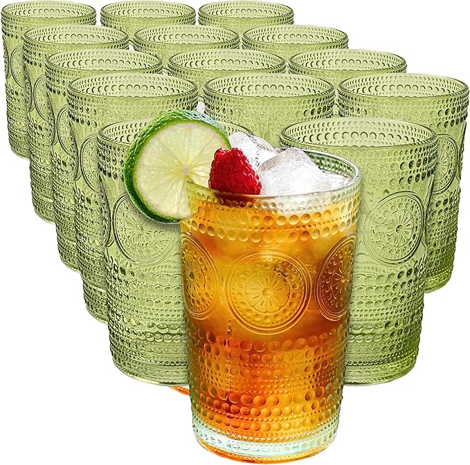 Kate Aspen Hobnail Beaded Floral Green Drinking Glasses Set of 6, (13 oz) Vintage Glassware & Cocktail Glass Set, Juice Glass, Water Cups | Great Hostess Gift & Gift for New Home Owners (Pack of 4)