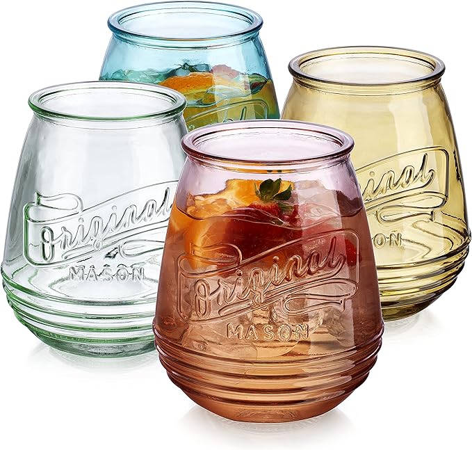Wine Glasses Set Of 4 Assorted Colored Stemless Glasses 21 OZ. Original Mason Large Wine Cup, Red and White Wine Drinking Water Glasses. Juice, Cocktails, Smoothies, Vintage Bar | Large Wine Cup, Red and White Wine, Juice, Cocktails, Smoothies