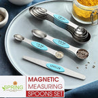 Spring Chef Stainless Steel Magnetic Measuring Spoons Set of 8 with Leveler, Metal Teaspoon & Tablespoon Measuring Spoons with Strong Magnets, Kitchen Gadgets for Baking & Cooking - 2 Pack - Aqua Sky