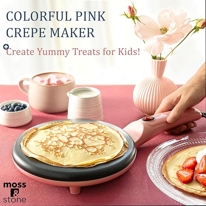 Moss & Stone Pink Electric Crepe Maker 8 Inch, Portable Crepe Maker & Hot Plate Cooktop On/Off Switch, Nonstick Coating, Automatic Temperature Control, Easy To Use For Pancakes, Blintz