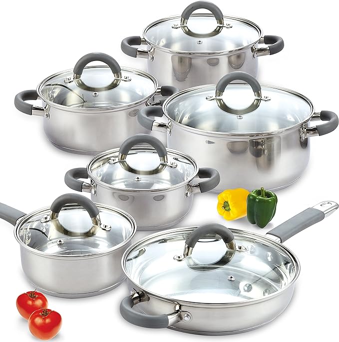 Cook N Home Stainless Steel Cookware Sets, 3-Ply 12 Pcs Pots and Pans Set with Stay-Cool Handle, Non-Toxic, Induction-Ready, Dishwasher & Oven Safe, Combatible w/ All Cooktops