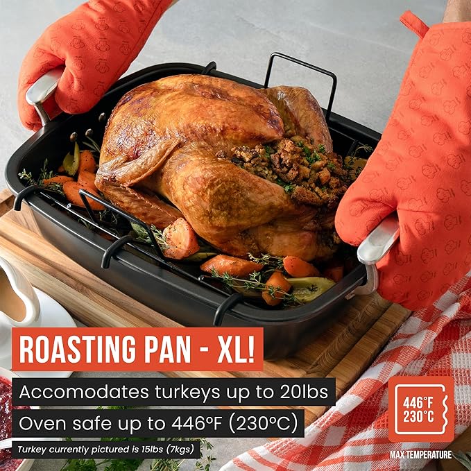 Chef Pomodoro Deluxe Large Carbon Steel Roasting Pan with U-Rack, 18.5 x 14.5-In (47 x 37 cm), Extra-Large, Grey – The Ultimate Solution for Flawless Roasts, BBQs, and Oven-to-Table Entertaining