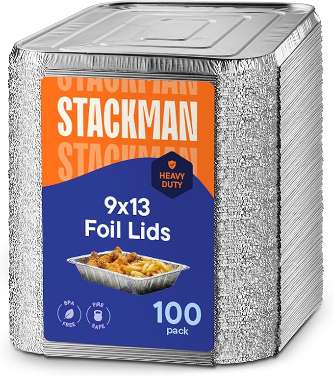 Aluminum Lids for 9x13 Disposable Aluminum Foil Pans [100-Bulk-Pack] Heavy Duty Tin Tray Covers for Half Size Chafing Dishes. 100 Foil Lids