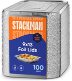 Aluminum Lids for 9x13 Disposable Aluminum Foil Pans [100-Bulk-Pack] Heavy Duty Tin Tray Covers for Half Size Chafing Dishes. 100 Foil Lids