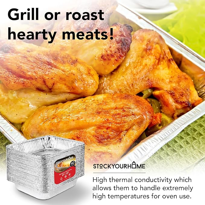 Stock Your Home 9x13 Aluminum Pans (40 Pack) - Disposable and Recyclable Foil Trays - Half Size Steam Table Deep Pans - Tin Foils for Cooking, Heating, Storing, Prepping Food
