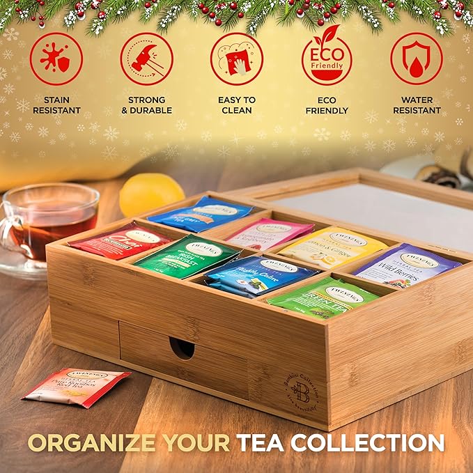 Bambüsi Tea Box Organizer with Drawer - 8 Compartment Bamboo Wooden Tea Storage Chest with Acrylic Window & Magnetic Lid - Tea Accessories & Gift Set for Women, Birthdays, House Warming Gifts New Home