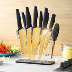 Marco Almond® Gold Knife Set With Block KYA23, 14 Pieces Stainless Steel Chef Cutlery Knives Set for Kitchen with Acrylic Stand