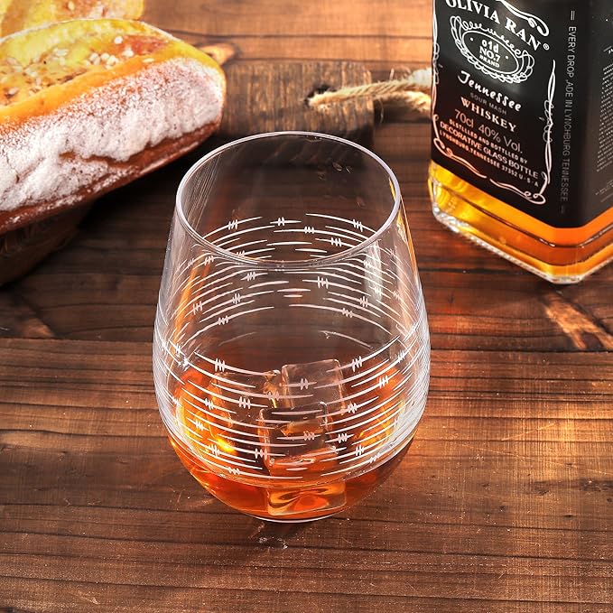 Joeyan Etched Stemless Wine Glasses,Hand Blown Drinking Glass Cups Wine Tumbler with Line Patterns,Carved Large Cocktail Whiskey Glasses,Gift for Party Wedding,4 Pack,17.5 oz,Dishwasher Safe