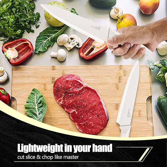 HaWare Knife Set, 21 Pieces Stainless Steel Kitchen Knife Block Set, White Chef Knife Sets with Measuring Spoon & Slicer for Home, 6 Steak Kinves, Sharp Blade & Light Weight Cutlery, Ergonomic Handle