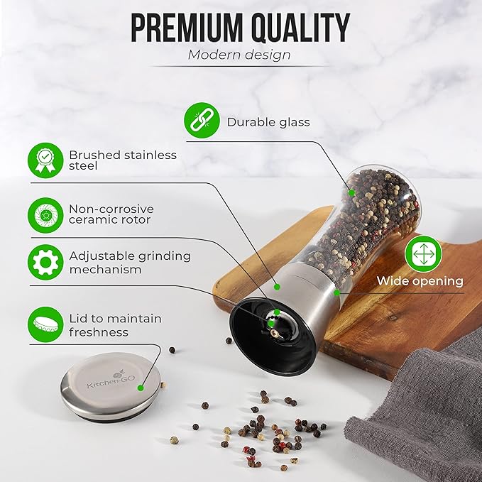 Tall Pepper Grinder or Pepper Mill, Manual Salt Grinder Refillable with Adjustable Coarseness, Black Pepper Grinder Made of Stainless Steel, Himalayan Salt and Sea Salt Grinder