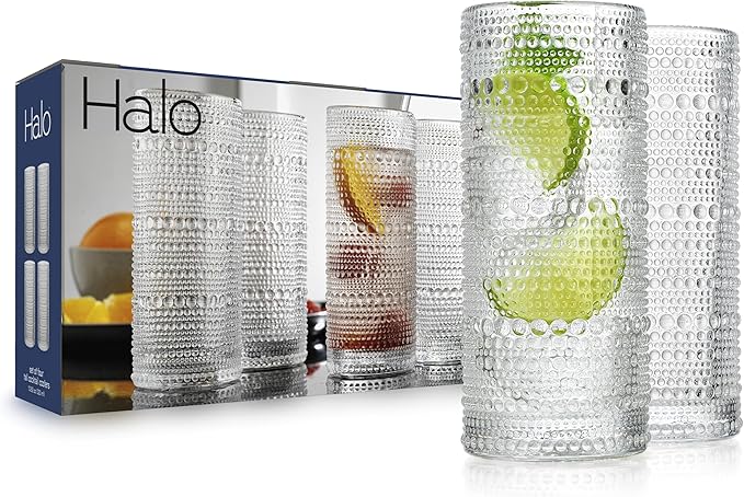 Glaver's Highball Drinking Glasses, 10.82 oz Sleek Hobnail Textured Glassware Modern Tall Tumblers set of 4 Iced Coffee Glasses, Highball Cocktail Set, Dishwasher Safe, Housewarming Gift Set