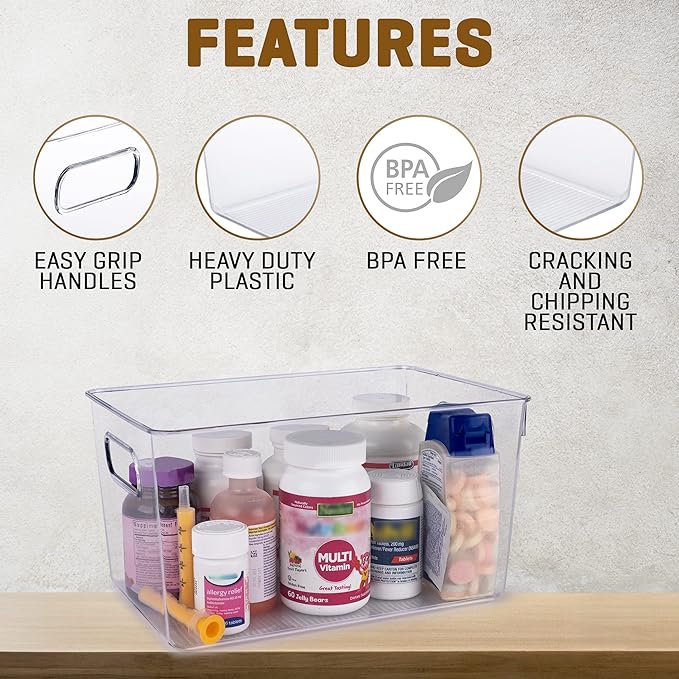 Clear Plastic Storage Bins, Pantry Organizers and Storage Containers Fridge Organizer Bins for Organizing Kitchen Cabinet Organizer Bin Bathroom Freezer Refrigerator Organization