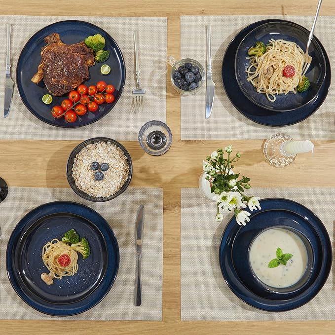 Pokini Ceramic Dinnerware Sets, Microwave Safe Plates and Bowls Sets, Kitchen Dishes Set for 4, Unbreakable & Dishwasher Safe Tableware, Everyday Use, Starry Blue
