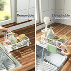 SWTYMIKI Sponge Holder for Kitchen Sink - Sink Caddy with Brush Holder Self-draining Sponge Caddy Organizer with Divider Stainless Steel Kitchen Accessories Storage for Countertop, White