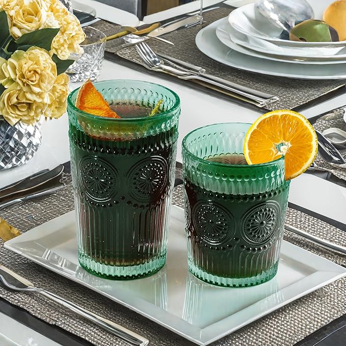 Loivttvv 12pcs Vintage Drinking Glasses Set, 12 oz Highball Glasses & 9 oz Embossed Ribbed Glassware Cups for Cocktail, Water, Juice, Coffee, Whiskey (Atroviens)