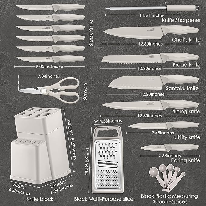 HaWare Knife Set, 21 Pieces Stainless Steel Kitchen Knife Block Set, Khaki Chef Knife Sets with Measuring Spoon & Slicer for Home, 6 Steak Kinves, Sharp Blade & Light Weight Cutlery, Ergonomic Handle