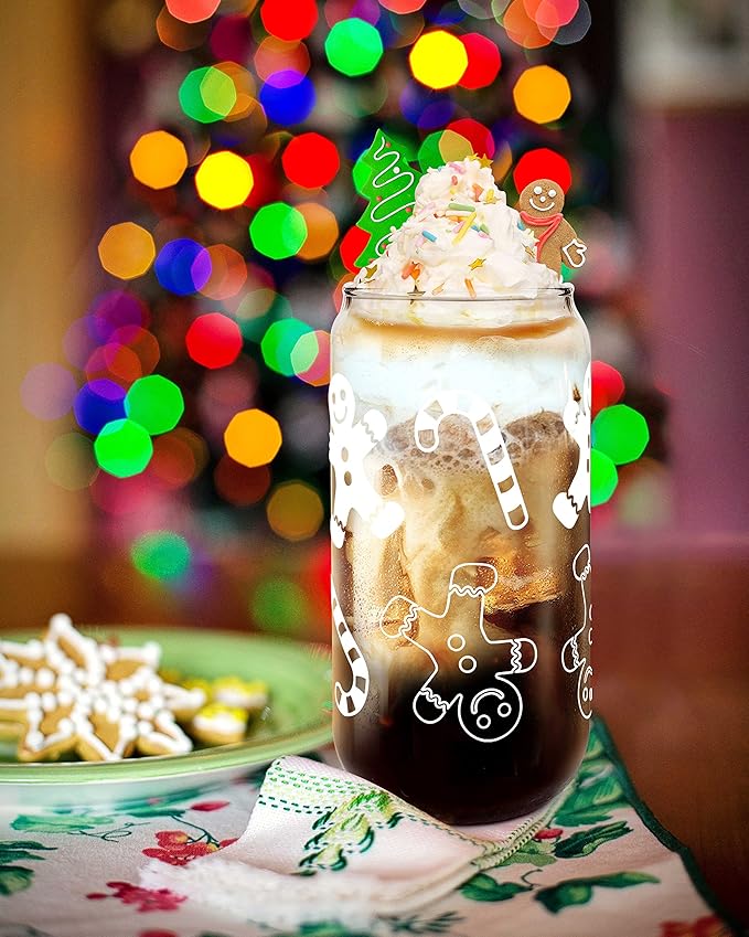 ANOTION Useful White Elephant Gifts for Adults Holiday - New Year Gift 18oz Christmas Coffee Mugs Glass Cups with Lids and Straws Gingerbread Tumbler Drinking Glassware Drinkware Gifts for Women